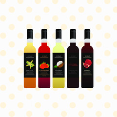 Vector set of different syrups for coffee and cocktails. Illustrations of various flavors of syrups. Vanilla, strawberry, coconut, chocolate, pomegranate.