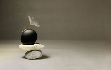 Blurry image of dandelion seeds lying on stones. Natural background.  Nature, balance, backdrop concept.