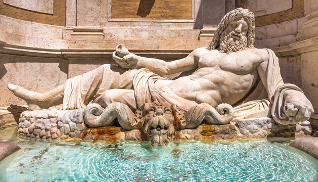 Famous Greek sculpture of Ocean god, named Marforio, located in Rome, Italy. Classic mythology in art.
