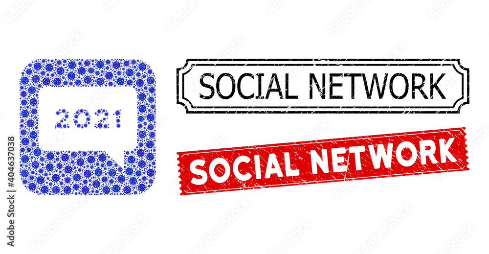 Poster vector collage 2021 message and grunge social network stamps. mosaic 2021 message designed as carved
