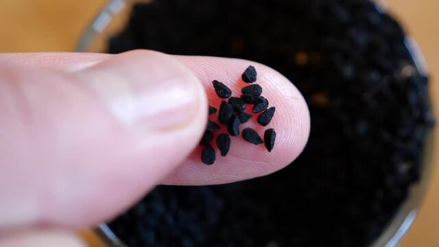 Black cumin or Black seeds on one finger. Nigella seeds close up. Macro
