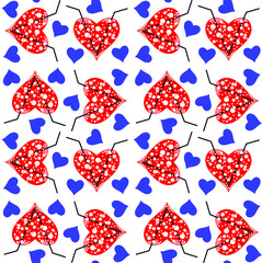 seamless pattern of bright blue hearts with bubbles inside on a white background  