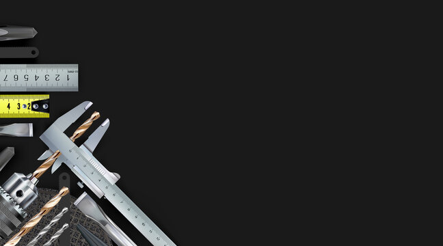 Locksmith decorative corner composition on theme of craft hand metal processing and work skill. 3d set tools of metalworking, locksmithing, isolated on black background. Illustration copy-space