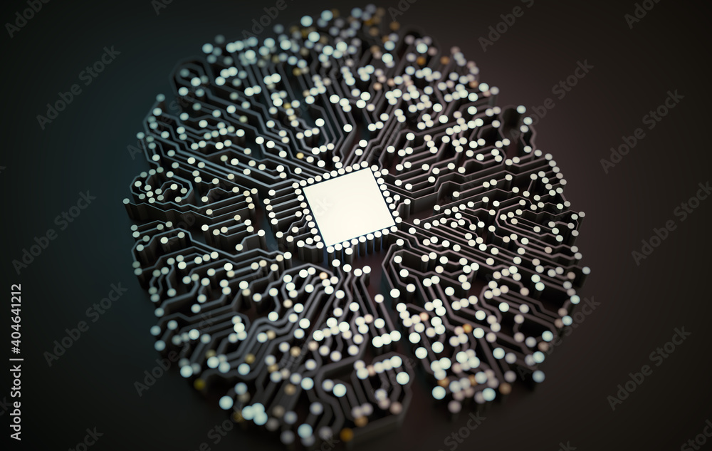 Poster artificial intelligence concept. electronic circuit is shape of human brain.