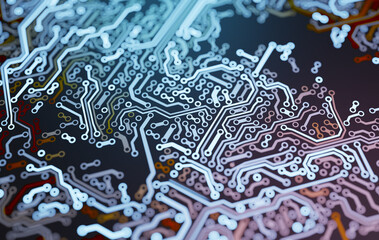 Close-up view on digital electronic circuit. Technology concept.