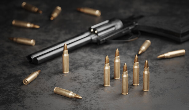 Many bullets and gun in background. 3D rendered illustration.