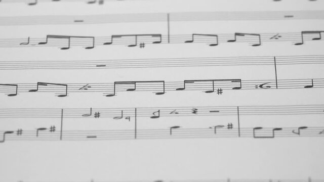 Printed sheet music of a modern music song arrangement is shown slowly rotating in a closeup view.