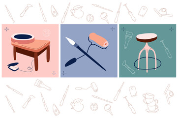 Ceramics production on pottery wheel,tools and instruments for workshop,special chair.Set illustrations with clay crafting.Sculpture modeling.Handiwork or hobby.Doodle style background,vector.Line art