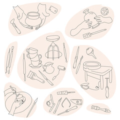 Clay crafting set in doodle style.Pottery modeling and sculpture tools.Outline instruments. Ceramics workshop banner.Background for for smartphone app,print for website,textile,stationery.Vector