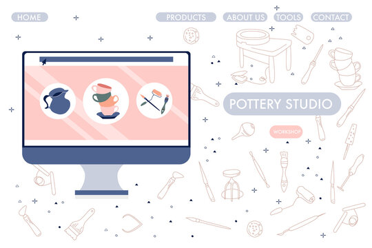 Pottery studio website design template. Clay crafting tools and instruments, ceramics production, sculpture modeling workshop and master class.Doodle style background.E commerce,sending mails.Vector