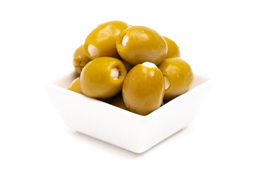 Green Olives Stuffed with Cheese on a White Background