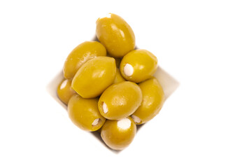 Green Olives Stuffed with Cheese on a White Background