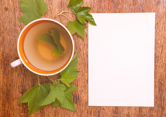 A cup of herbal tea from black currant with green leaves and paper sheet on wooden background