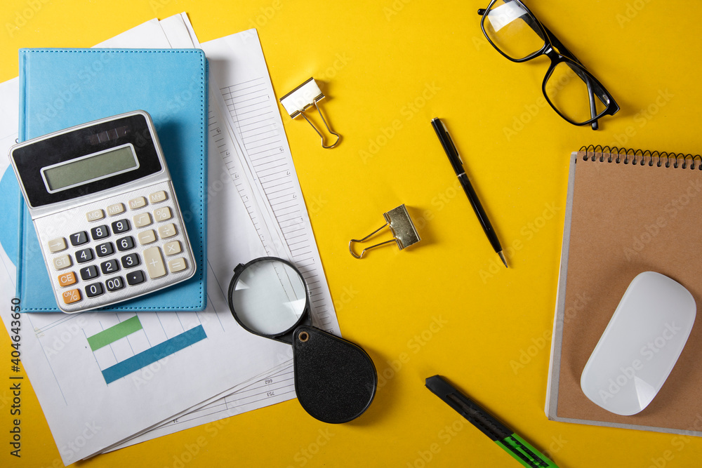 Poster calculator with notebook and computer mouse