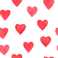 Seamless pattern with watercolor red hearts. Valentine's Day.