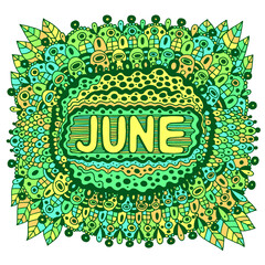 Fototapeta na wymiar June - colorful illustration with month s name. Bright zendoodle mandala with months of the year. Year monthly calendar design art. Zentangle style artworkt. Vector illustration