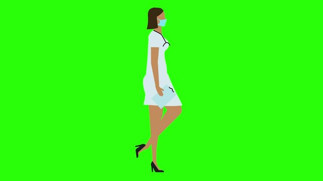 Women doctor walking cycle seamless loop , face mask version, green screen chroma key animation, flat design