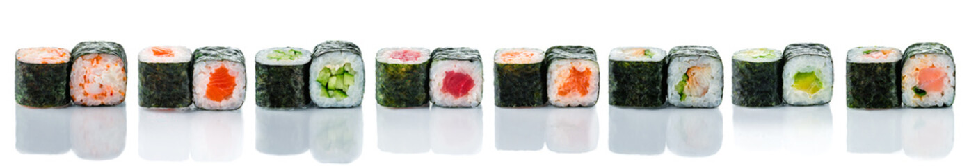 Sushi maki isolated on white background for menu. Creative layout made of sushi. Food concept. Macro concept.