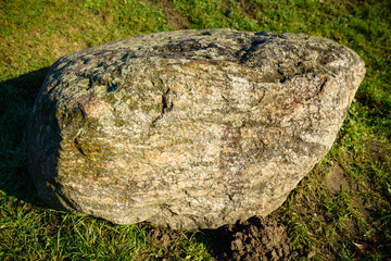 Fototapeta na wymiar A large stone covered with moss lies on the green grass. Close-up.