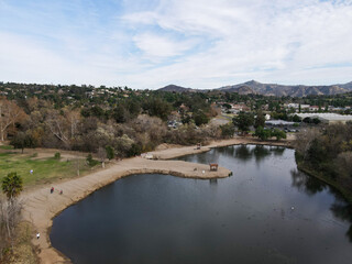 Fototapeta na wymiar Aerial view of lake at the Kit Carson Park, municipal park in Escondido, California, USA