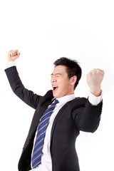 Businessman excited about his success in front of white background