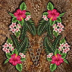 Seamless pattern with gold chain, animal leopard elements and flowers.
