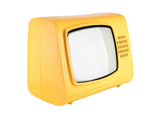 Yellow old vintage TV set isolated on white background. 1970s, 1980s, 1990s TV.Side view.