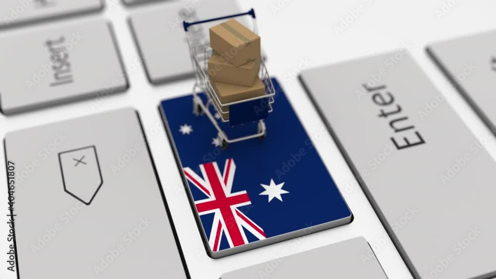 Poster keyboard key with flag of australia and shopping cart with boxes. online shopping related looping 3d