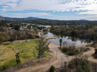 Fototapeta na wymiar Aerial view of lake at the Kit Carson Park, municipal park in Escondido, California, USA
