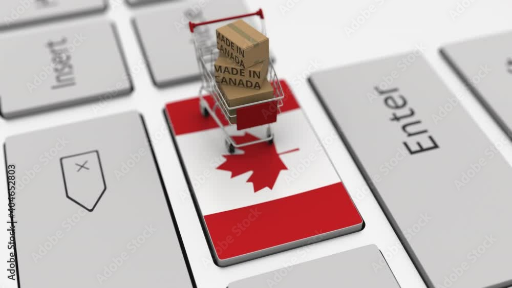 Poster cartons with made in canada text and shopping cart on the computer keyboard. conceptual looping 3d a
