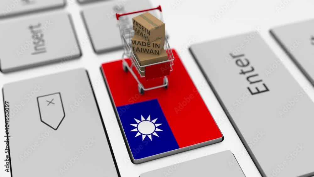 Poster goods made in taiwan in the shopping cart on the keyboard. export or import concepts, looping 3d ani