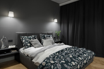 Elegant and dark bedroom interior