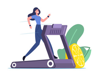 Happy Woman Running on Treadmill with Lemon. Athletic Girl Exercising on Treadmill to be Slim. Fitness, Healthy Activity