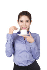 A happy young Business woman drinking coffee