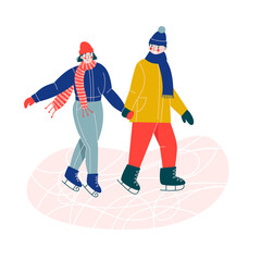 Fototapeta na wymiar Young couple of woman and man ice skating together on ice rink, holding hands. Flat vector illustration. White background. 