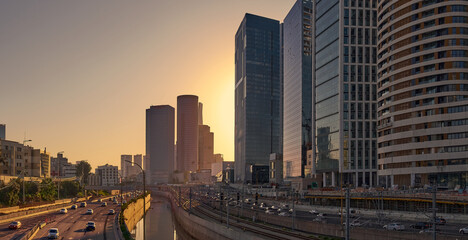 Tel Aviv city of Israel in expansion and construction at sunset, roads. Large panorama