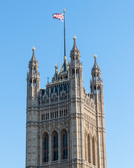 Fototapeta na wymiar Westminster Cathedral tower with UK Flag 