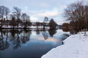 Snowy Landscape in central Bohemia with River Sazava, Czech Republic