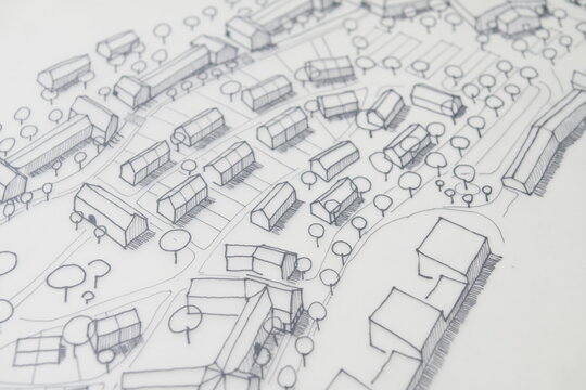 Skizze einer urbanen Planung eines Raumes in einer Stadt oder am Rande einer Stadt