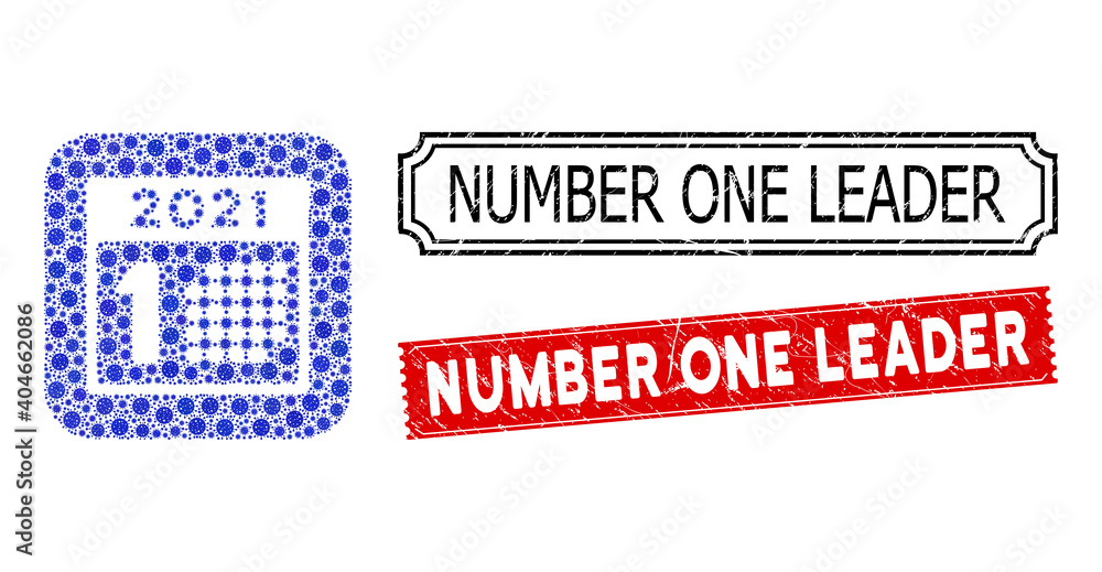 Poster Vector mosaic 2021 year first day and grunge Number One Leader seal stamps. Mosaic 2021 year first day designed as carved shape from rounded square with blue virus icons.