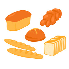 A set of bread in a cartoon style. Rye, whole grain, white, toast, French baguette. Vector illustration isolated on white background.