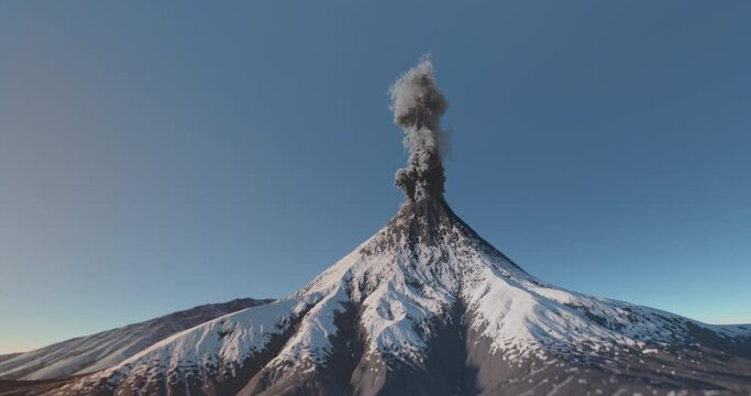 Volcano eruption dark smoke cloud without fire at sunset time