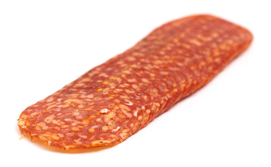 Slices of Spicy Calabrese Salami Meat on a White Background