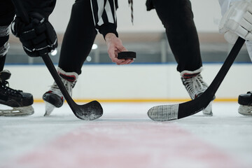 Hand of referee holding puck over ice rink with two players standing around him - obrazy, fototapety, plakaty