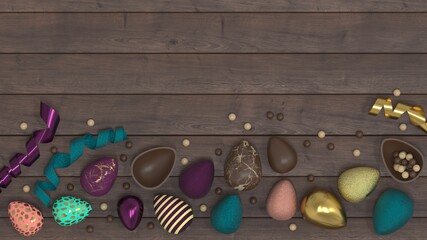 Painted chocolate eggs, wrapped or not, lie on dark wooden planks. Round milk and white chocolate sweets are scattered on the boards. Happy easter. 3D rendering.