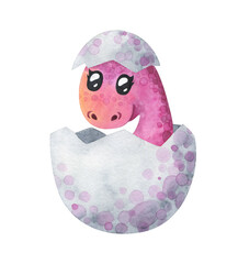 Pink baby dinosaur hatched from an egg. Cartoon dinosaur in a shell. Children's watercolor illustration isolated on a white background. Cute character for decor, sticker, print with historical animals