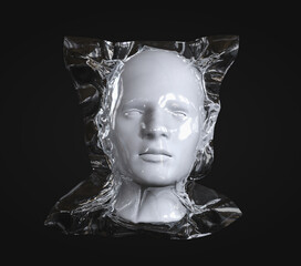 A human head is placed in a vacuum packaging. 3D rendering 