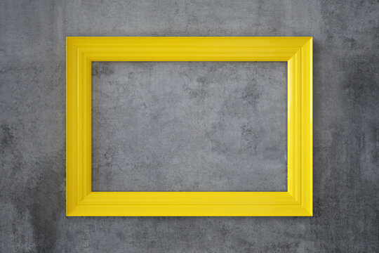 Yellow blank frame, in front of the wall. 3d rendering gray wall and yellow frame