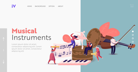 Tiny Characters Playing Musical Instruments around Huge Music Box Landing Page Template. People Write Notes on Stave