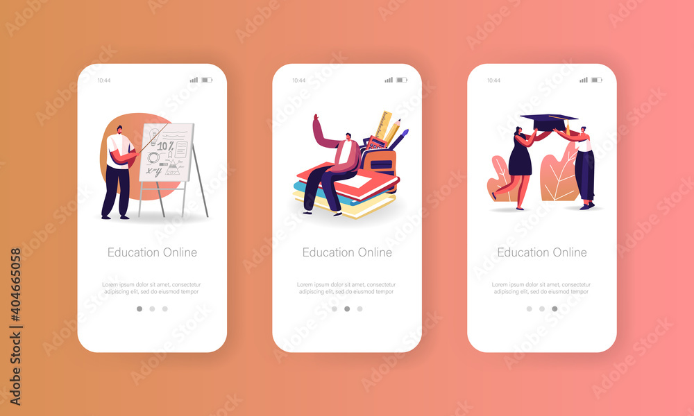 Poster online education mobile app page onboard screen template. characters watch video courses. students l
